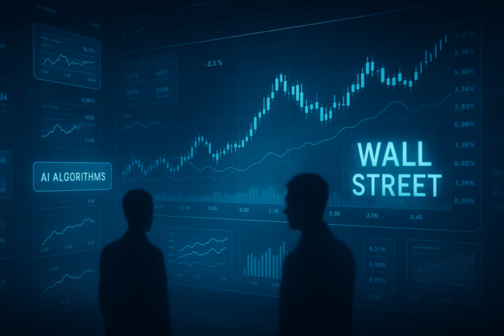 AI Is Rewriting Wall Street: How Artificial Intelligence Is Reshaping the Way We Invest in 2025 1 Hancerz Futuristic AI algorithms analyzing stock charts on a digital Wall Street interface.